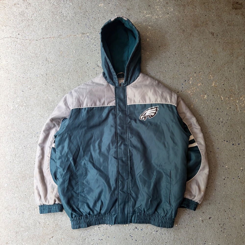 NFL Philadelphia Eagles Puffer Jacket Green Silver Hooded Embroidered Large